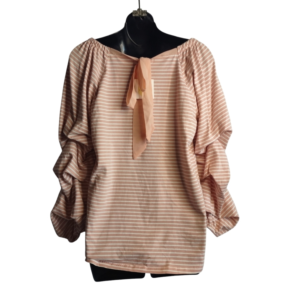 Yissang Womens White Pink Striped Ruched Long Sleeve Blouse Stretch Sz XL NWT - Picture 2 of 6